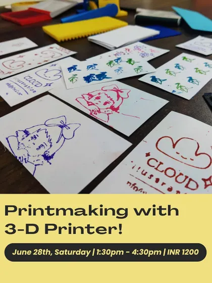 A poster for our "Printmaking with a 3D Printer" workshop. This unique class blends traditional printmaking with modern tech, allowing you to design and print your own custom stamps.