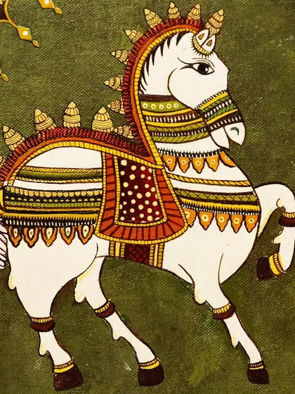 A third variation of the traditional Indian horse painting, this time on a green canvas. Students are encouraged to experiment with color palettes while learning the core motifs.