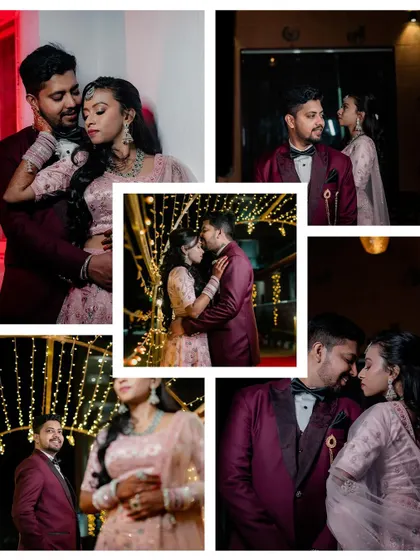 A large collage showcasing multiple romantic moments from the couple's reception.