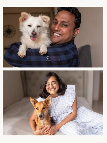 A portrait of a pet parent with her two dogs, one of whom is a new rescue. It's wonderful to document the beginning of a new chapter for the whole family.