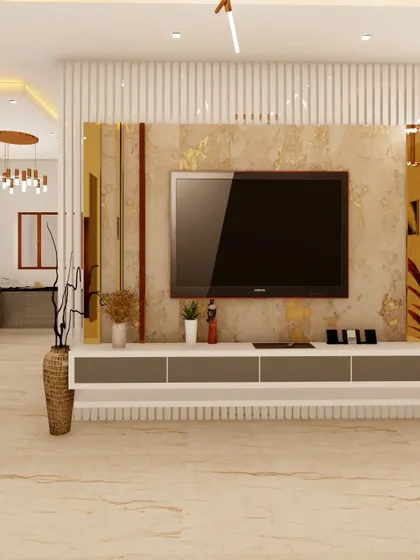 A 3D render of a living room TV unit featuring a marble-finish back panel with gold-toned accents. This design provides ample storage while serving as a sophisticated centerpiece for the room, with an open-plan kitchen visible in the background.