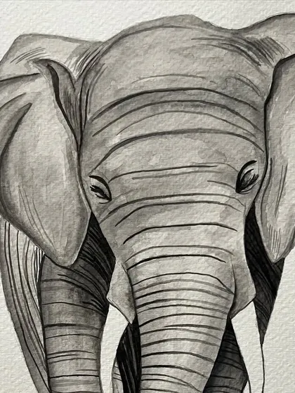 A detail shot of the adult elephant from my monochrome watercolor painting, highlighting the texture of the skin.