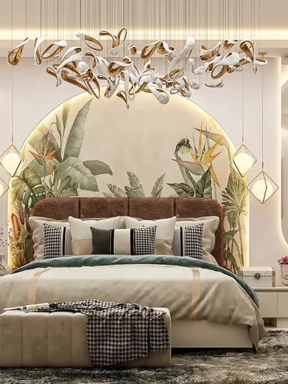 Nature meets luxury in this master bedroom. The arched alcove behind the bed features a vibrant tropical mural, beautifully framed by an ornate chandelier and contemporary pendant lights, creating a serene and stylish escape.