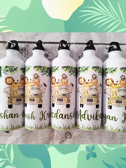 A close-up of the personalized jungle safari water bottles, showing the high-quality printing and durable design that's perfect for kids.