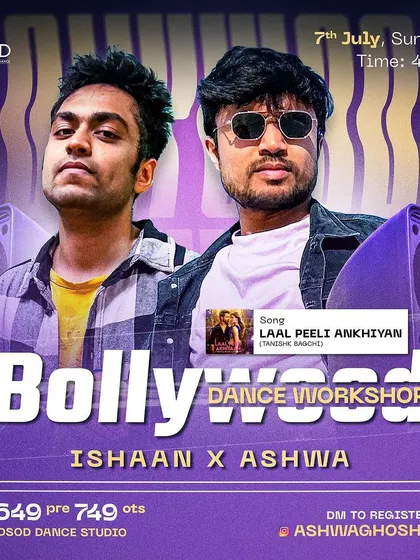 We announce our workshops with all the details you need. This poster for a Bollywood session with Ishaan and Ashwa on 'Laal Peeli Ankhiyan' is an example of the exciting collaborations we host regularly.