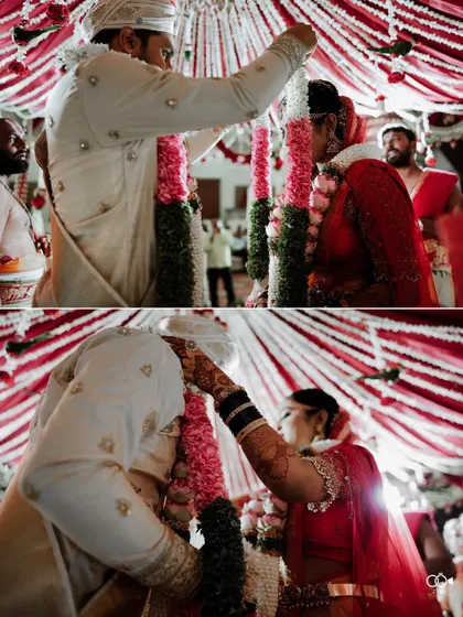 A diptych of the garland exchange ceremony, a pivotal moment of the wedding.