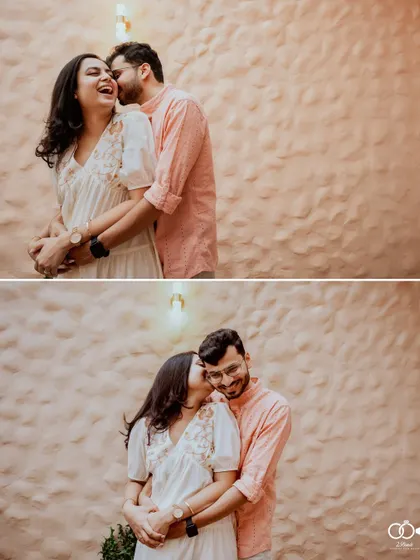 A diptych of the groom whispering in the bride's ear, capturing her joyful laughter and their playful, affectionate bond.