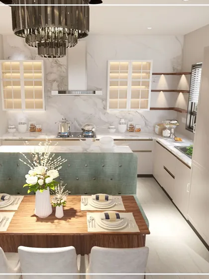 A 3D design of an open-concept kitchen and dining area. The island bench with upholstered seating cleverly separates the two zones while keeping the space connected.