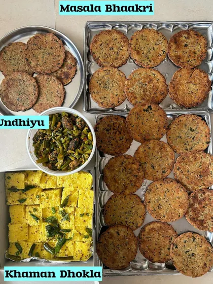 Another look at the delicious combination of crispy Masala Bhaakri and flavorful Undhiyu.