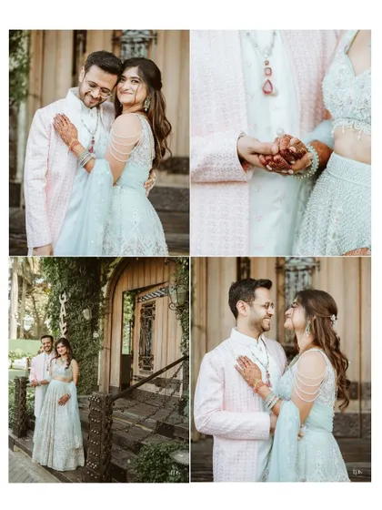 A collection of four portraits of Avi and Devika. This set includes close-ups of their hands and outfits, as well as wider shots showing their loving interactions.