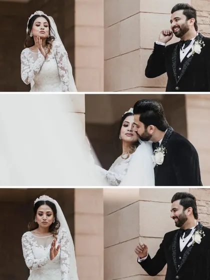 A collage of the couple's playful interactions, from blowing kisses to sharing a laugh. This shows their fun-loving personalities on their wedding day.