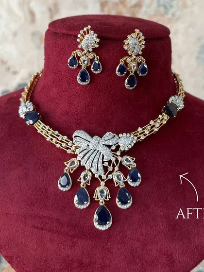 The stunning 'after' of a diamond necklace transformation. We added exquisite rose cuts and brilliant blue sapphires, extended the necklace for a perfect fit, and added details to the earrings.