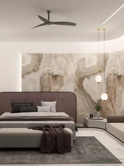 In this master bedroom render for SVASA 2A, a curved wall clad in onyx marble creates a stunning, fluid backdrop for the bed. The soft lavender and grey tones enhance the room's serene and luxurious feel.