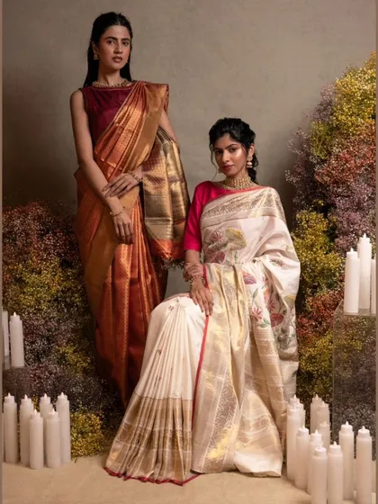 A showcase of two distinct Kanjivaram styles: one a classic red with geometric weaving, the other a cream saree with handmade Jamdani appliqué.