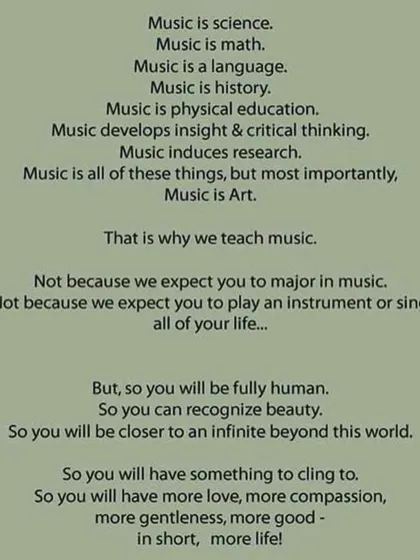 This beautiful text captures the soul of our work. We teach music not just as a skill, but as a way to help children become more fully human, to recognize beauty, and to live with more compassion and joy.