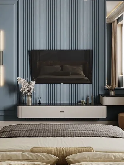 A full view of the rendered blue bedroom, showcasing the TV and vanity area from the bed's perspective.