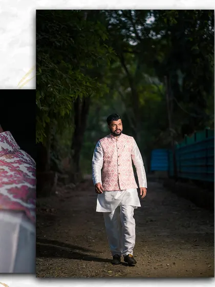 A stylish portrait of the groom-to-be. Dressed in a traditional kurta and jacket, he walks along a tree-lined path, creating a classic and handsome shot.