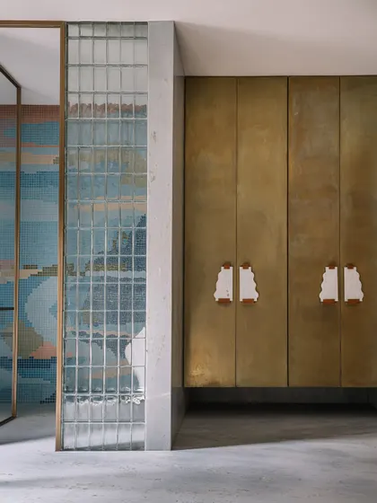 A detail shot showing the burnished brass linen closet with custom marble handles, set against the glass block wall of the WC.