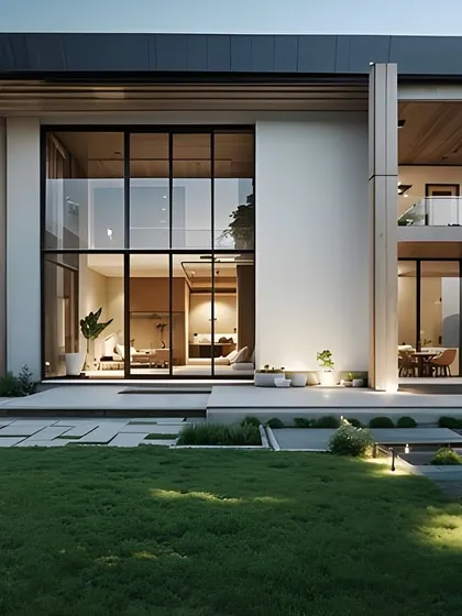 A view from the lawn shows how the double-height glass wall creates a powerful connection to the outdoors, making the garden feel like an extension of the living space.