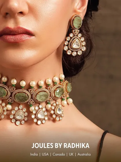 A close-up of another exquisite choker set worn by Hansika, featuring a different design with larger stones.