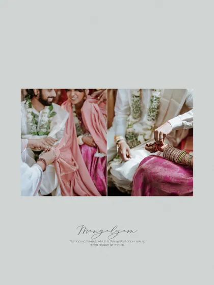An album layout focusing on the 'mangalsutra' ceremony, a sacred and symbolic moment of union.