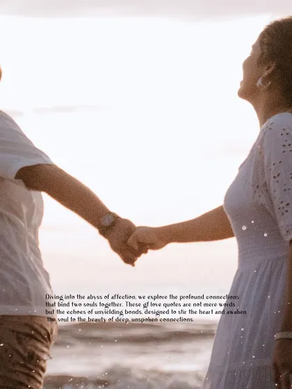 A close-up on a couple holding hands on the beach, overlaid with a poetic quote about deep connection.