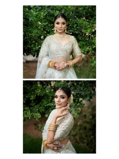 A collage of two bridal portraits against a green backdrop. The images showcase her elegant poses and the beautiful details of her attire, from her jewelry to her serene expression.