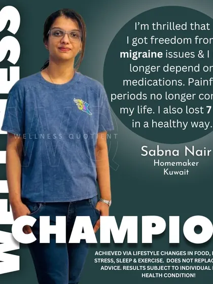 After turning 40, Sabna suffered from migraines and painful periods. By joining an inflammation control program, her migraines vanished, her period cramps eased, and she lost 7 kg, feeling more energetic and pain-free than she had in years.