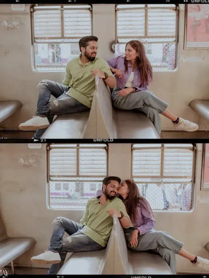 A playful collage of the couple enjoying their pre-wedding shoot inside the local train.