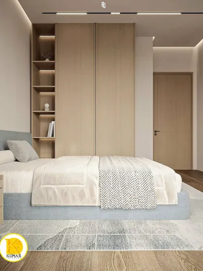 This view shows the wardrobe with integrated open shelving, providing both storage and display space.