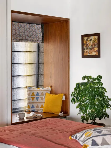 We love creating bay windows. This one, tucked into the 'Gulmohar' kids' room, is a cozy and beautiful niche for quiet moments.
