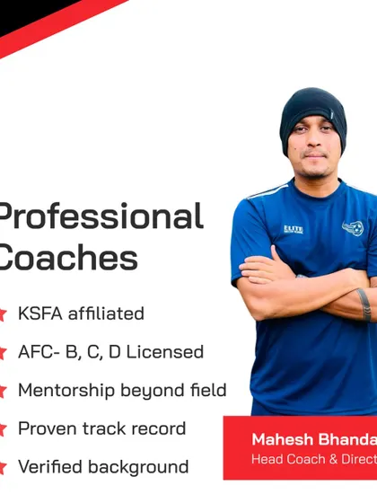 This is our Head Coach and Director, Mahesh Bhandari. Our coaching staff is KSFA affiliated, AFC licensed, and background verified, with a proven track record of mentoring young players beyond the field.