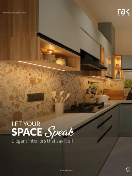 Let your space speak for itself with our elegant kitchen designs. This example features a mix of glossy grey lower cabinets and wood-finish upper cabinets, with a beautifully patterned backsplash and under-cabinet lighting.