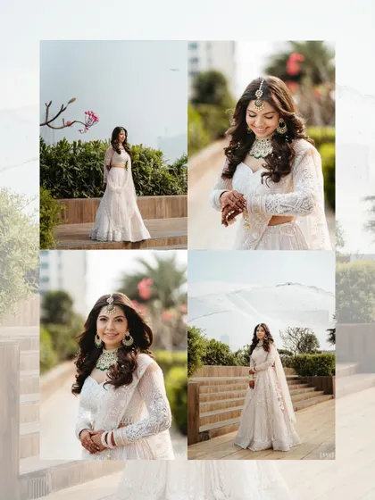 A four-part collage of the bride in her pastel lehenga. It showcases her elegance from different angles, capturing her serene smiles and the beautiful details of her outfit.