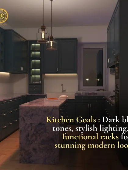 Kitchen goals unlocked with this stunning modern look. The dark blue cabinets create a bold, sophisticated statement, while the marble island and stylish pendant lighting add a layer of luxury and functionality.
