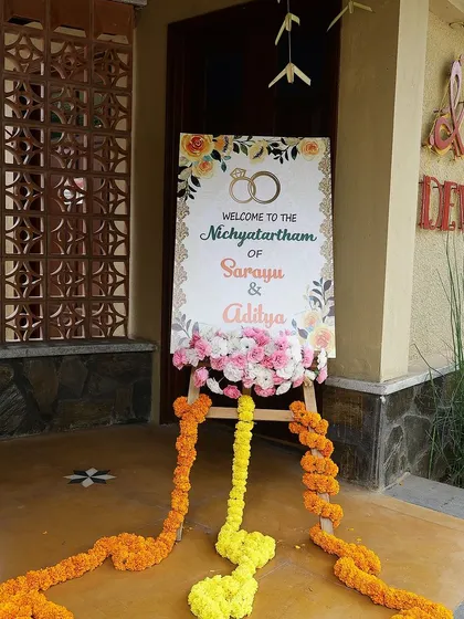 The welcome sign for Sarayu and Aditya's Nichyatartham (engagement) ceremony, an event I was happy to be a part of.