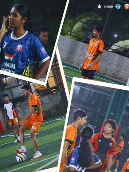 A collage showing the dynamic environment of our training sessions. You can see players focused on the ball, listening to coaching instructions, and working together in drills.