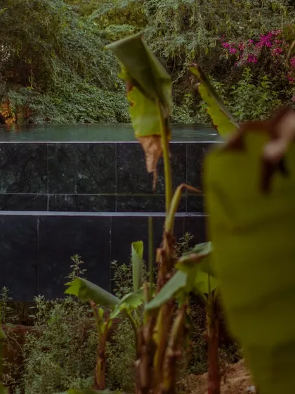 A view of the infinity edge of the pool, where the dark marble tiles meet the lush greenery of the forest.