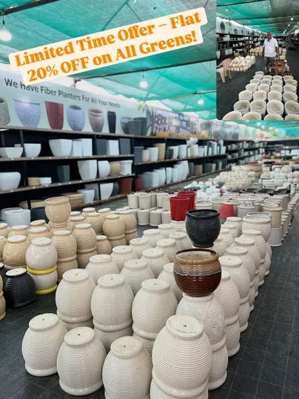 A wide view of our massive collection of ceramic and fiber planters. During our sale, you can get a flat 20% off on all these beautiful pots.