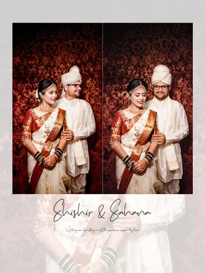 A classic diptych of the wedding couple, their traditional white and red outfits standing out against a rich, textured background.