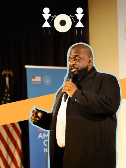 Courtney "C.J" Woods from the American Centre addresses our fellows, offering words of encouragement. We are grateful for our partners who provide spaces and support for our events.
