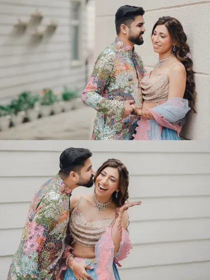 A duplicate of image 43, this collage captures both a sweet glance and a candid laugh, showing the range of emotions during a Mehndi ceremony.