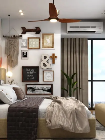 A bohemian-style bedroom where a gallery wall is created with a mix of framed prints, macrame art, and wooden signs, adding a personal and eclectic touch.