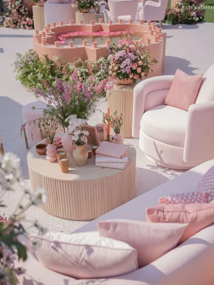 A high-angle shot of a lounge area, showing the plush pink furniture, styled coffee table, and a small water feature with floating petals.