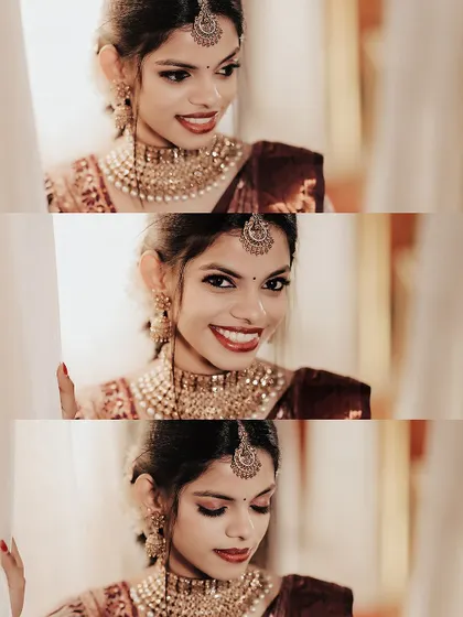 A triptych of close-up bridal portraits, capturing a range of expressions from joyful smiles to thoughtful glances.