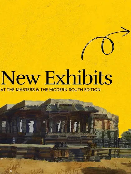 An announcement for new exhibits in the South Edition, featuring a watercolor of a temple by an artist from the Mysore court.