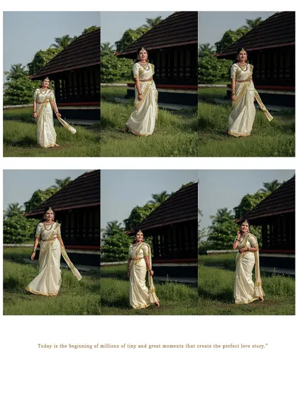 A collage of the bride's graceful movements in her kasavu saree.