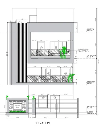 Precision in planning is the foundation of our work. This detailed 2D elevation drawing illustrates the technical specifications for a residential building, including dimensions, material indications, and the placement of landscape features.