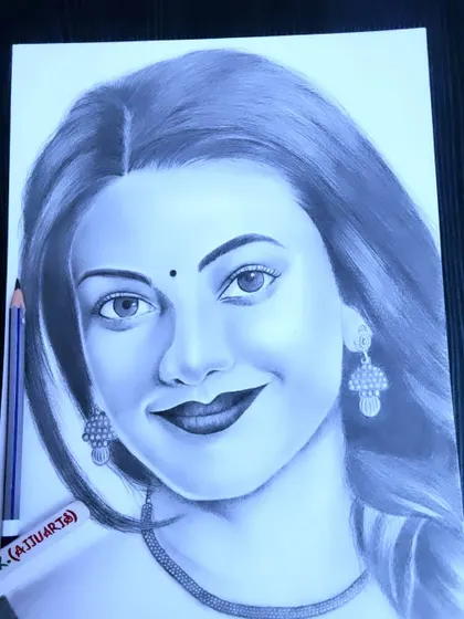 A different take on the Kajal Aggarwal portrait, with cooler lighting that gives the sketch a soft, classic feel.