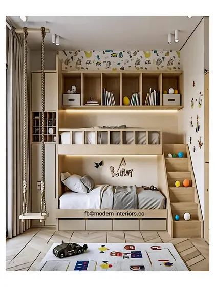 A playful and practical bunk bed setup. The design includes a swing, plenty of shelving for books and toys, and under-bed drawers for storage. The colorful balls on the stairs add a fun touch.